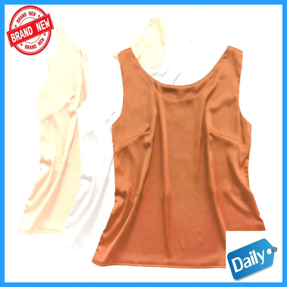 Silk Satin Tank Top Round Neck Sleeveless Blouse Camisole Chic Minimal